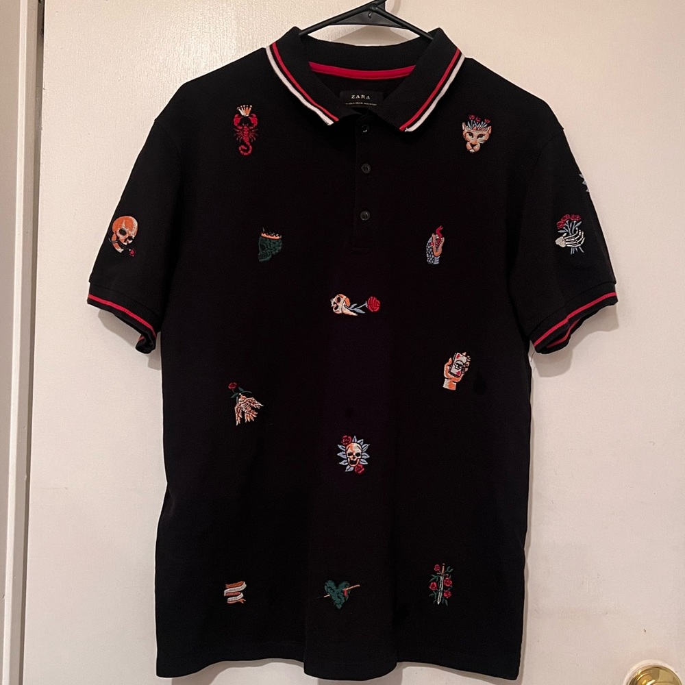 Zara Black Polo Shirt with Embroidered Patches